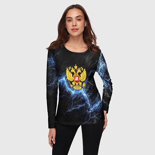 Женский лонгслив Герб РФ на черной текстуре с синими потертостями / 3D-принт – фото 3