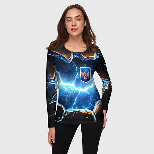 Женский лонгслив Синие неоновые плиты и герб РФ / 3D-принт – фото 3