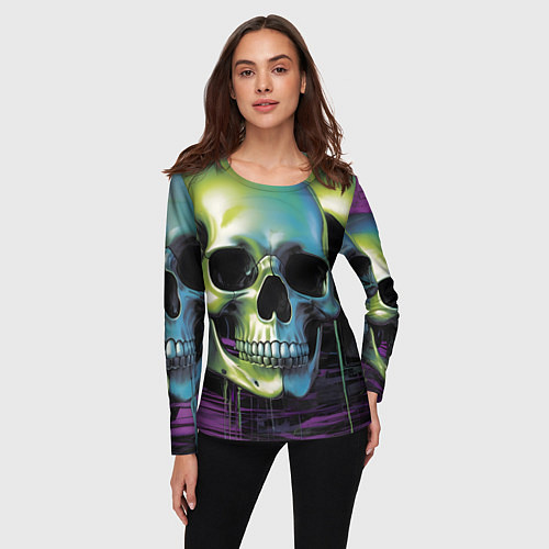 Женский лонгслив Черепа отливающие неоном / 3D-принт – фото 3