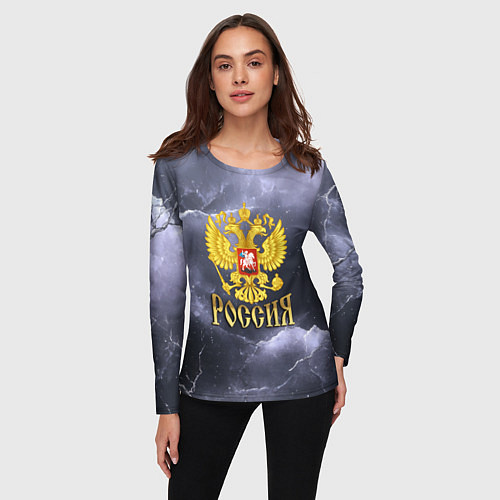 Женский лонгслив Герб России фиолетовое небо с молниями / 3D-принт – фото 3
