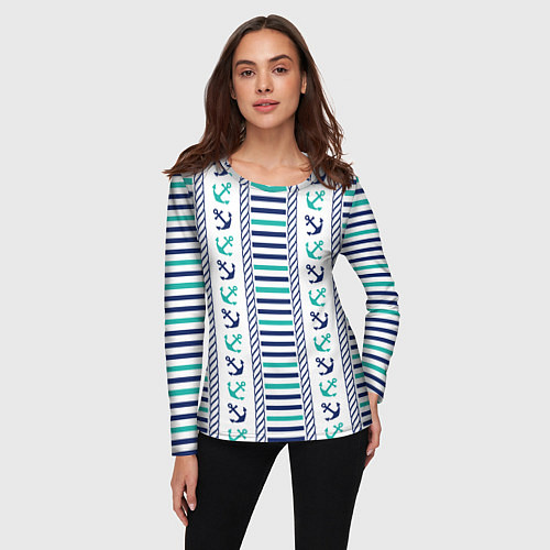 Женский лонгслив Морской орнамент с якорями и полосками / 3D-принт – фото 3