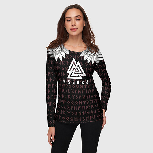 Женский лонгслив Асгард на фоне рун и валькнут / 3D-принт – фото 3