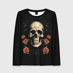 Лонгслив женский Череп в красных розах, цвет: 3D-принт