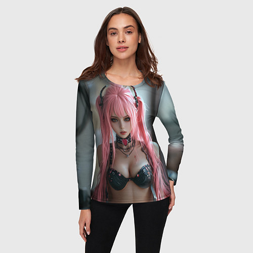 Женский лонгслив Девушка с розовыми волосами в наушниках / 3D-принт – фото 3