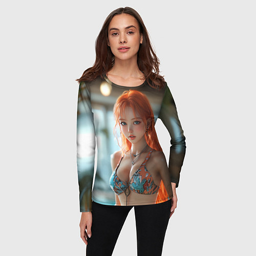 Женский лонгслив Рыжая девушка в купальнике / 3D-принт – фото 3