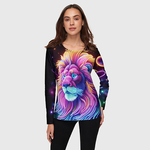 Женский лонгслив Космический неоновый лев - нейроарт фантазия / 3D-принт – фото 3