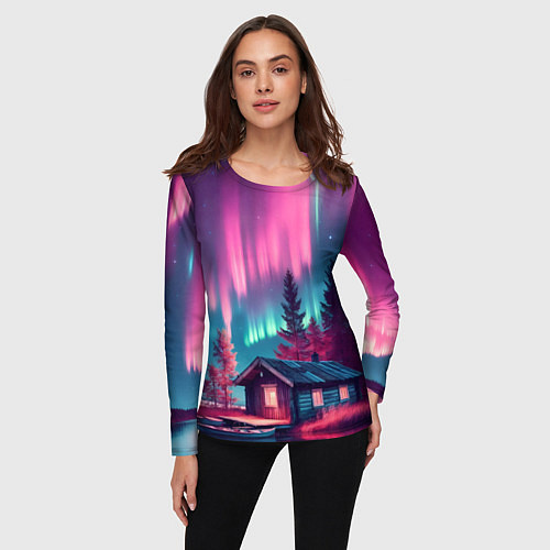 Женский лонгслив Лиловое сияние над лесом / 3D-принт – фото 3