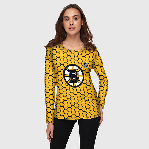 Женский лонгслив Бостон Брюинз - желтые соты / 3D-принт – фото 3