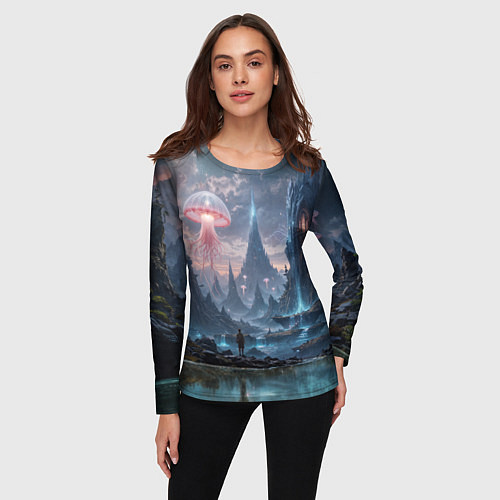 Женский лонгслив Фантастический мир с медузами и озеро у гор / 3D-принт – фото 3