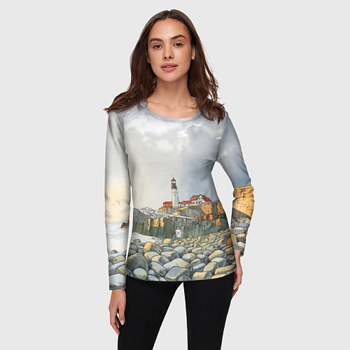 Женский лонгслив Маяк и камни на пляже - акварельный рисунок / 3D-принт – фото 3