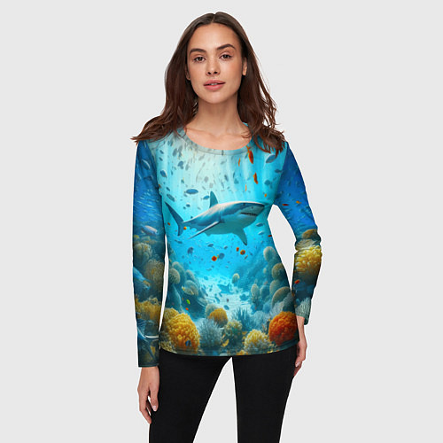Женский лонгслив Белая акула в коралловом рифе / 3D-принт – фото 3