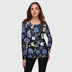 Лонгслив женский Чёрный в синий цветочек стилизованный, цвет: 3D-принт — фото 2