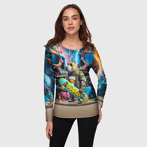 Женский лонгслив Hippo with longboard - graffiti / 3D-принт – фото 3