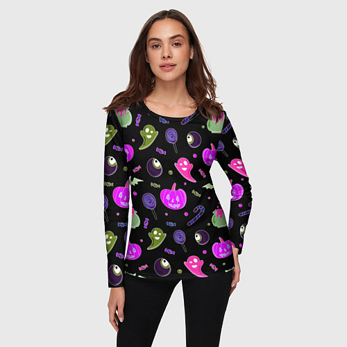 Женский лонгслив Halloween pink black pumpkin / 3D-принт – фото 3