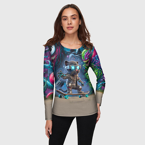 Женский лонгслив Пантерёнок крутой скейтбордист на фоне граффити / 3D-принт – фото 3