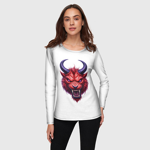 Женский лонгслив Голова злого красного существа с фиолетовыми глаза / 3D-принт – фото 3