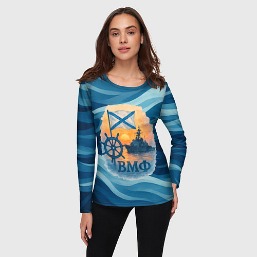 Женский лонгслив ВМФ корабль на фоне заката / 3D-принт – фото 3