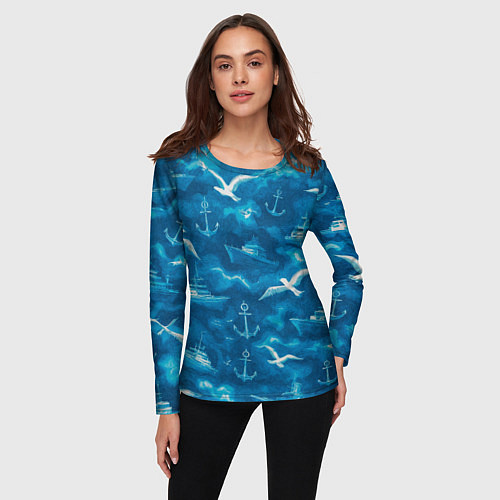 Женский лонгслив Морской камуфляж акварелью / 3D-принт – фото 3