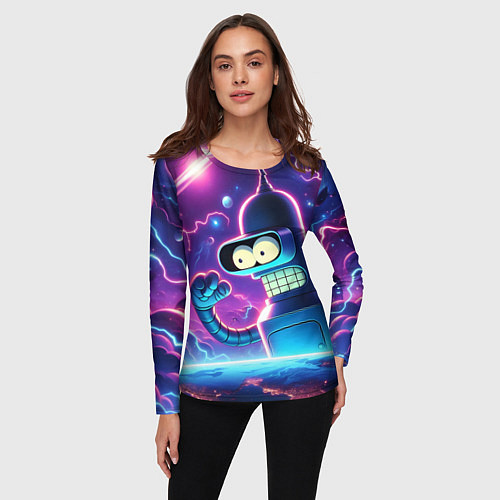 Женский лонгслив Bender in neon space - cartoon Futurama / 3D-принт – фото 3