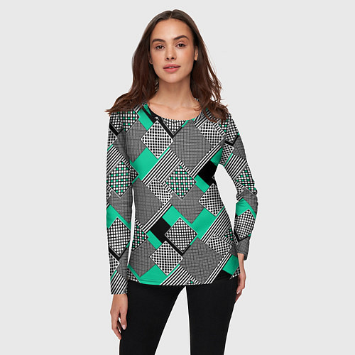 Женский лонгслив Черно бирюзовая абстрактная геометрия пэчворк / 3D-принт – фото 3