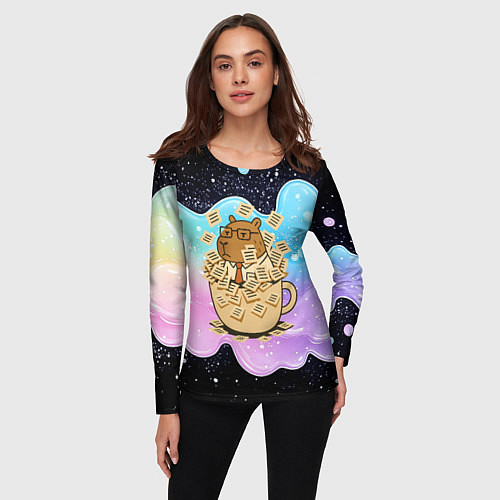 Женский лонгслив Менеджер капибара в кружке в стикерах / 3D-принт – фото 3