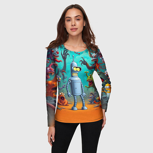 Женский лонгслив Робот-сгибальщик Бендер в окружении монстров / 3D-принт – фото 3