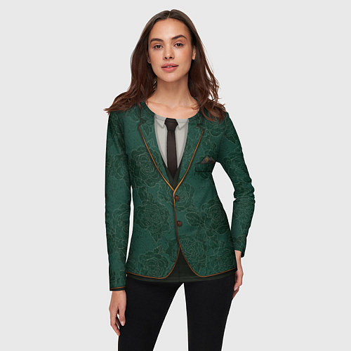 Женский лонгслив Тёмно-зелёный пиджак с розами / 3D-принт – фото 3