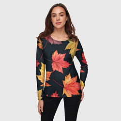 Лонгслив женский Кленовые листья на черном - акварельный паттерн, цвет: 3D-принт — фото 2