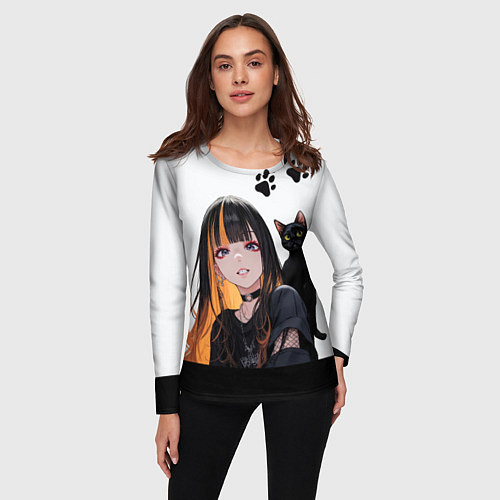 Женский лонгслив Девушка и кот / 3D-принт – фото 3