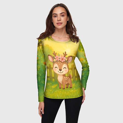 Женский лонгслив Милый олененок на зеленом дворе / 3D-принт – фото 3