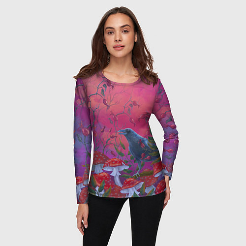Женский лонгслив Готический ворон в мухоморах / 3D-принт – фото 3