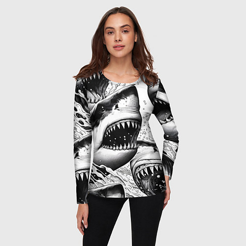 Женский лонгслив Белая акула - стая / 3D-принт – фото 3
