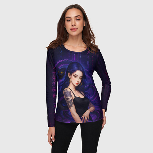 Женский лонгслив Девушка с тату на руке и пурпурная змея / 3D-принт – фото 3