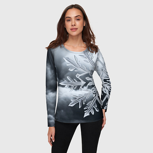 Женский лонгслив Снежинка на черно белое / 3D-принт – фото 3