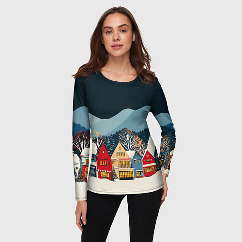 Женский лонгслив Новогодний городок в горах / 3D-принт – фото 3
