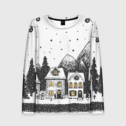Лонгслив женский Черно-белый новогодний город, цвет: 3D-принт