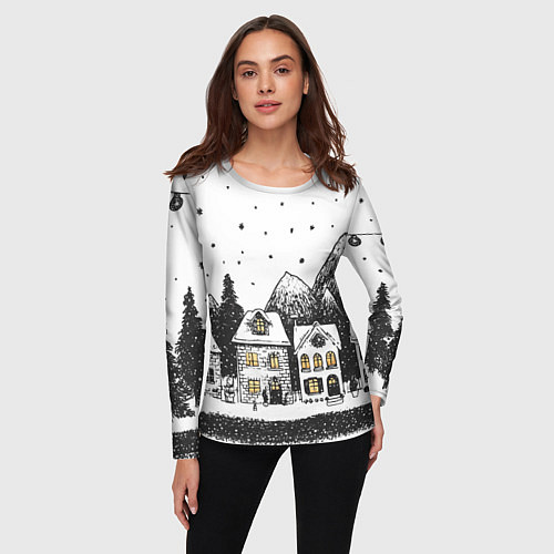 Женский лонгслив Черно-белый новогодний город / 3D-принт – фото 3