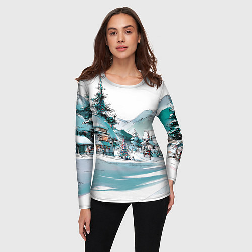 Женский лонгслив Дома и елки - Новый год / 3D-принт – фото 3