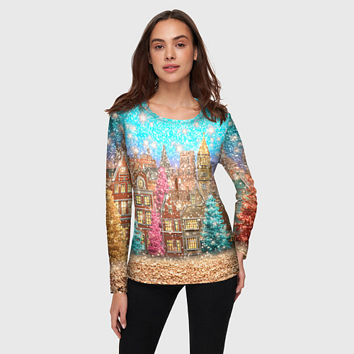 Женский лонгслив Новогодний город в блестках / 3D-принт – фото 3