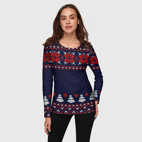 Женский лонгслив Новогодний вязаный узор / 3D-принт – фото 3