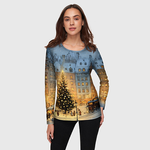 Женский лонгслив Новый год в старом уютном городе / 3D-принт – фото 3