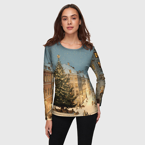 Женский лонгслив Елка во дворе города / 3D-принт – фото 3