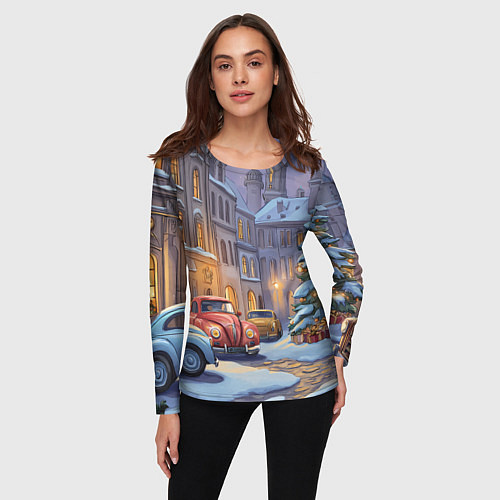 Женский лонгслив Новогодний снежный двор / 3D-принт – фото 3