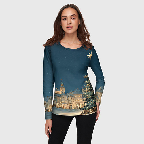Женский лонгслив Новогодняя атмосфера в городе / 3D-принт – фото 3