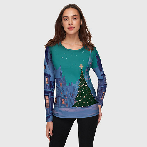 Женский лонгслив Зеленая новогодняя елка во вдоре / 3D-принт – фото 3