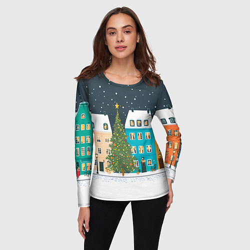 Женский лонгслив Новогодний снежный город / 3D-принт – фото 3