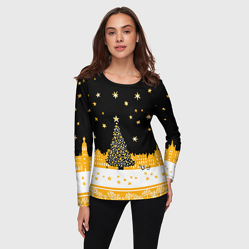 Женский лонгслив Новый год в черно-желтом стиле / 3D-принт – фото 3