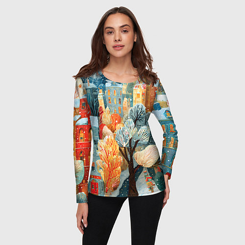 Женский лонгслив Разноцветные новогодние домики / 3D-принт – фото 3