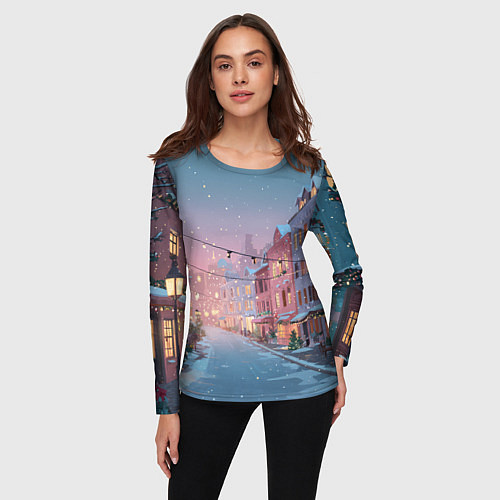 Женский лонгслив Новогодняя улица / 3D-принт – фото 3