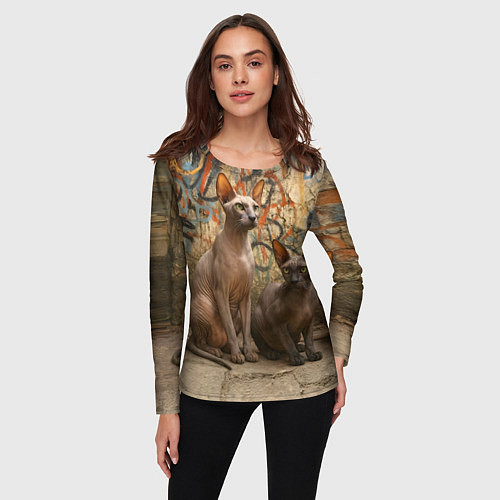 Женский лонгслив Петерболды сидят на фоне стены с граффити / 3D-принт – фото 3